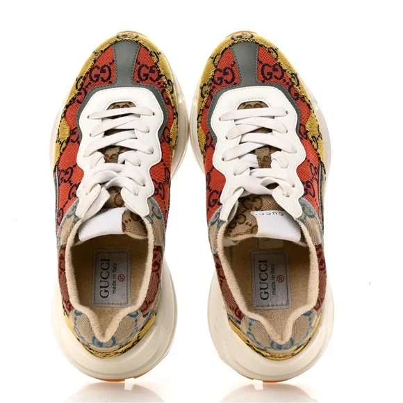 GUCCI Monogram Multicolor Demetra Women’s Rhyton Sneakers Yellow Blue Tobasco - Picture 4 of 10